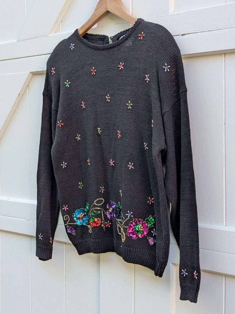 Vintage 80s 90s Black Sequin Beaded Floral Ramie Cotton Knit Sweater L